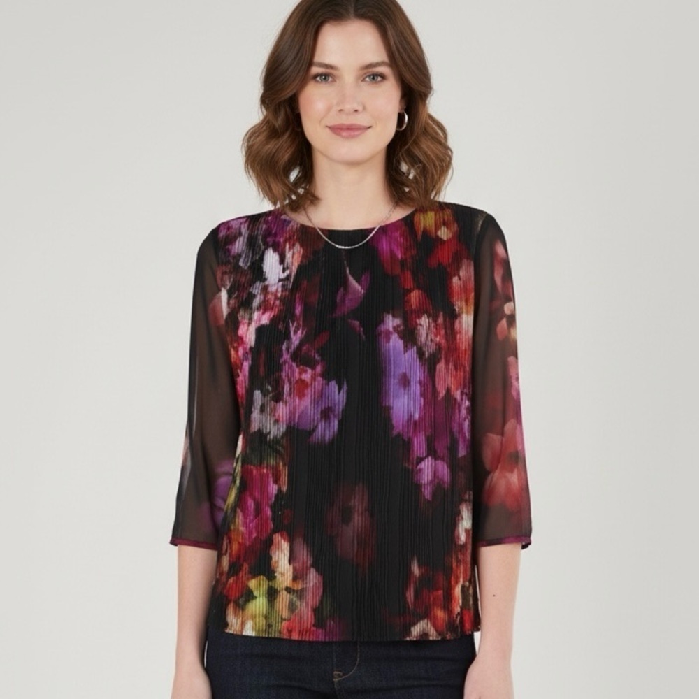 Ted Baker London Wolbrr Floral Pleated Chiffon Blouse Sheer Sleeve Size XS
